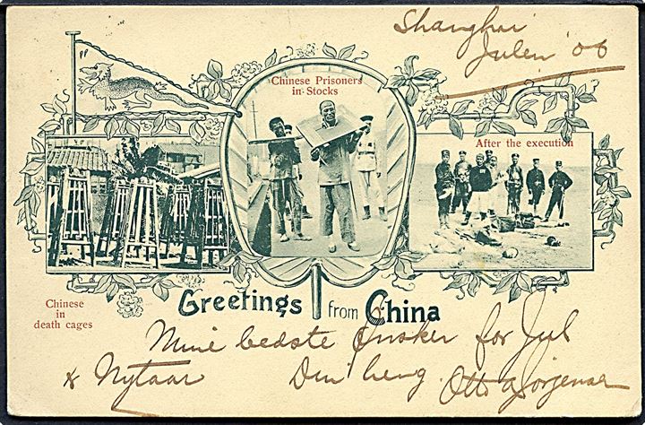 Kina, “Greetings from” med fanger i bure, gabestok og efter henrettelse. Kingshill no. 197. Kvalitet 7