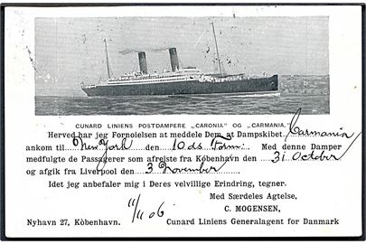 England. “Carmania”, S/S, Cunard Line. Adviskort vedr. sikker ankomst. Skibsstempel “Från Danmark” 1906. Kvalitet 8