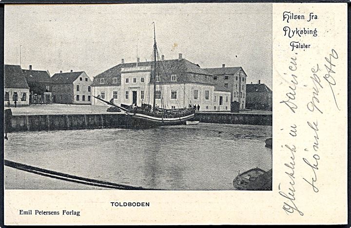 Nykøbing F., “Hilsen fra” med Toldboden og sejlskib. E. Petersen u/no. Kvalitet 7