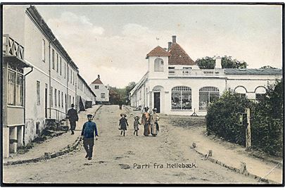 Hellebæk, parti med Hellebæk kro og badehotel. Stenders no. 12413. Kvalitet 7