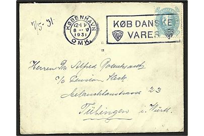 25 øre Chr. X 60 år single på brev fra København d. 8.5.1931 til Tübingen, Tyskland.