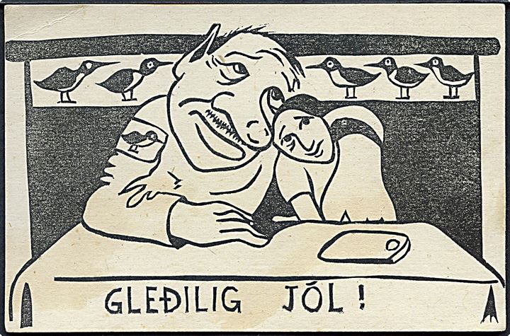 “Gleðilig Jól!”. propagandakort (?)  Tegnet af W. Heinesen, kendt Færøsk maler!. H. J. Jacobsen u/no.  Kvalitet 7