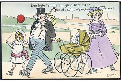 Poulsen, Emil: “Den hele Familie sig glad beskøjter og ud paa “Hjule”skovtur føjter!”. Stenders no. 20258. Kvalitet 8