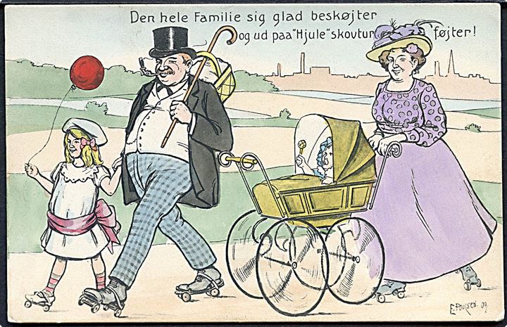 Poulsen, Emil: “Den hele Familie sig glad beskøjter og ud paa “Hjule”skovtur føjter!”. Stenders no. 20258. Kvalitet 8