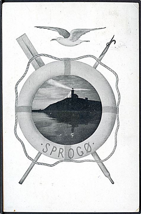 Sprogø, øen og fyrtårn i redningskrans. Nordisk Repr. Anstalt no. 4057. Sendt fra Korsør til Sprogø 1909. Kvalitet 7