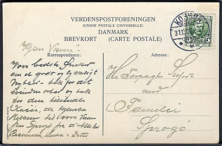 Sprogø, øen og fyrtårn i redningskrans. Nordisk Repr. Anstalt no. 4057. Sendt fra Korsør til Sprogø 1909. Kvalitet 7