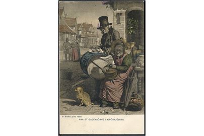 Ærøskøbing, gadehjørne med udråber og kone 1869. Efter litografi af Pietro Krohn. W. & M. no. 4. Kvalitet 8