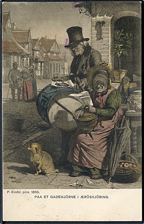 Ærøskøbing, gadehjørne med udråber og kone 1869. Efter litografi af Pietro Krohn. W. & M. no. 4. Kvalitet 8