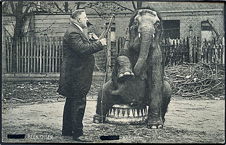 Cirkus. M. E. Bech-Olsen og elefanten Kaspar tjener penge til Elefanthus i Københavns Zoo. Papyrus u/no. Kvalitet 7