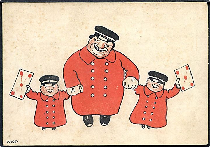 Schmidt, Alfred: Postbud med børnepostbude. Kartonkort dateret 30.12.1903. Warburg u/no. Plettet. Kvalitet 6