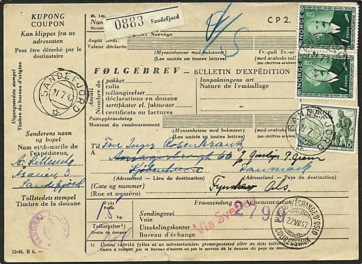 1 kr. Hakon VII (2) og 10 øre Postjubilæum på internationalt adressekort for pakke fra Sandefjord d. 21.7.1947 via Oslo til København, Danmark - eftersendt til Fynshav.