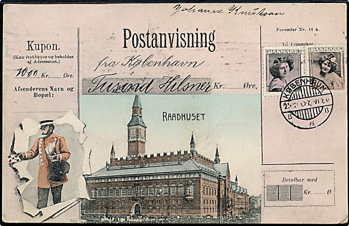 Købh., “Postanvisning” med Københavns Raadhus. A. Vincent no. 4052. Kvalitet 7