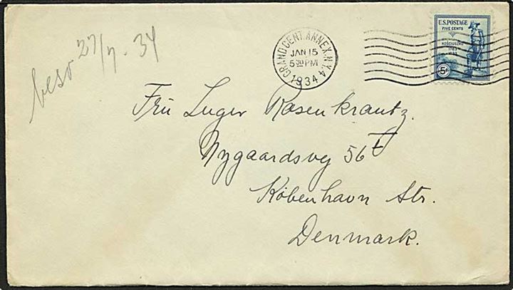 5 cents Kosciuszko på brev fra New York d. 15.1.1934 til København, Danmark.