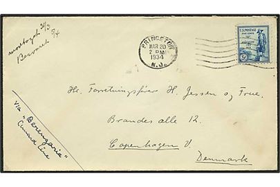 5 cents Kosciuszko på brev fra Princeton d. 20.3.1934 til København, Danmark. Påskrevet: via Berengaria Cunard Line.