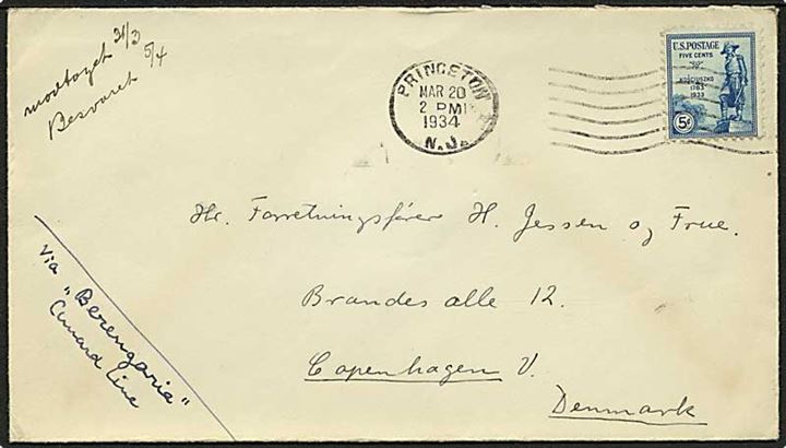 5 cents Kosciuszko på brev fra Princeton d. 20.3.1934 til København, Danmark. Påskrevet: via Berengaria Cunard Line.