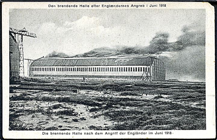 Brændende luftskibshangar i Tønder efter angreb juni 1918. M. Glückstadt & Münden no. 82418. Kvalitet 6