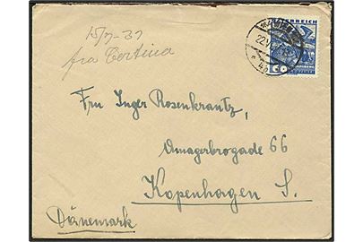 60 g. Voralberg single på brev fra Wien d. 22.6.1937 til København, Danmark.