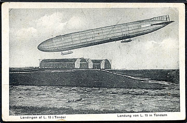 Marineluftskib L15 under landing ved Zeppelinbasen i Tønder. M. Glückstadt & Münden no. 82413. Kvalitet 7