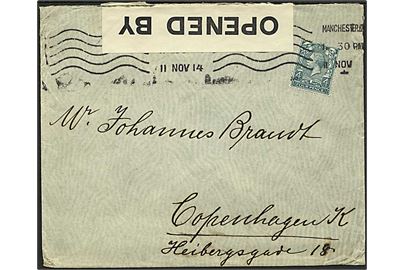 4d George V på brev fra Manchester d. 11.11.1914 til København, Danmark. Åbnet af britisk censur. 