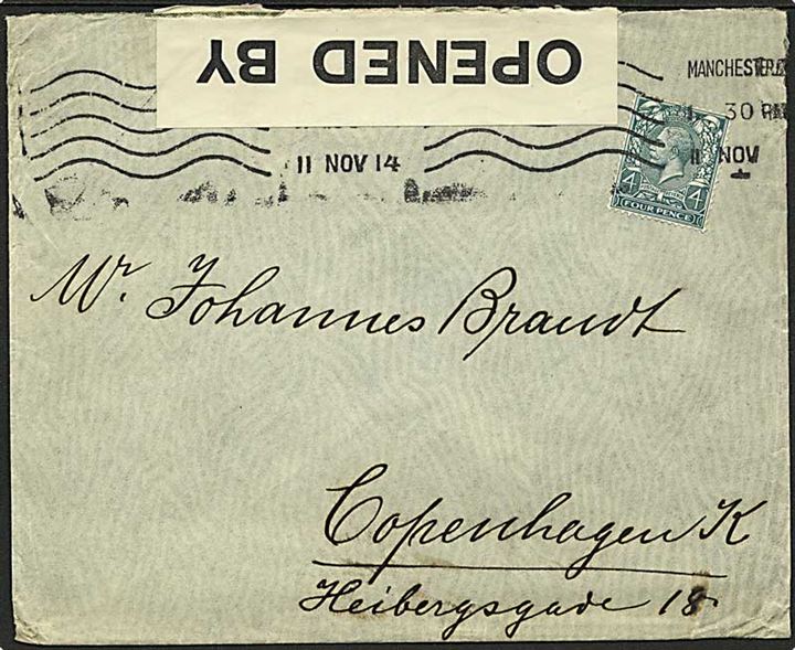 4d George V på brev fra Manchester d. 11.11.1914 til København, Danmark. Åbnet af britisk censur. 