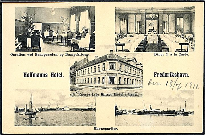 Frederikshavn, partier med bl.a. Hoffmanns Hotel. U/no. Frank. 5 øre Fr. VIII annulleret Göteborg 1911. Kvalitet 7