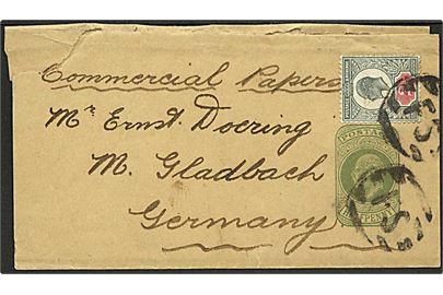 ½d Edward VII helsagskorsbånd opfrankeret med 2d Edward VII annulleret med stumt stempel F.S. til M. Gladbach, Tyskland.
