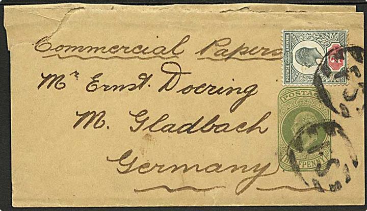 ½d Edward VII helsagskorsbånd opfrankeret med 2d Edward VII annulleret med stumt stempel F.S. til M. Gladbach, Tyskland.