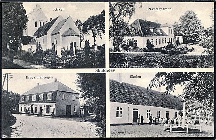 Skuldelev, partier med brugsforening, skole, kirke og præstegård. H. Schmidt u/no. Kvalitet 9