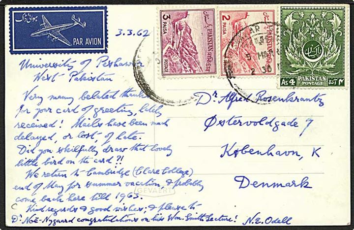 4 As. 5 ps. blandingsfrankeret luftpostbrevkort fra Peshawa d. 5.3.1962 til København, Danmark.