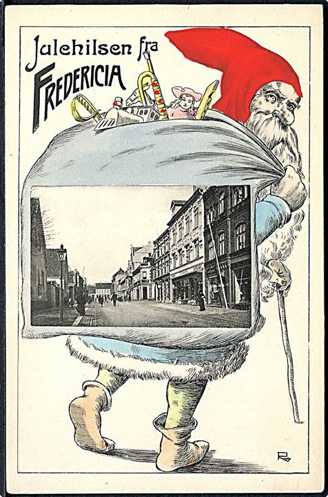 Fredericia, julehilsen med nisse og prospekt. Tegnet af Carl Røgind. H. C. West no. 7882. Kvalitet 8