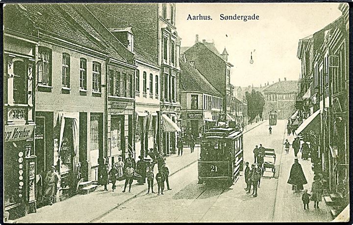 Aarhus, Søndergade med sporvogn no. 21. U/no. Kvalitet 8