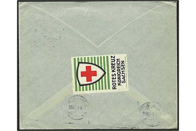 20 pfg. Germania på brev fra Löbau d. 3.11.1914 til København, Danmark. På bagsiden stor mærkat fra: Rotes Kreuz Königreich Sachsen.