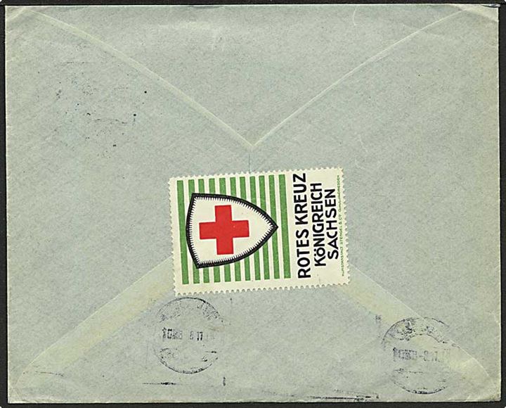 20 pfg. Germania på brev fra Löbau d. 3.11.1914 til København, Danmark. På bagsiden stor mærkat fra: Rotes Kreuz Königreich Sachsen.