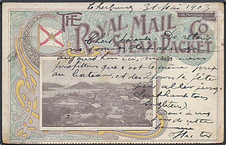 D.V.I., St. Thomas. Reklamekort for The Royal Mail Steam Packet Co. Anvendt fra Cherbourg, Frankrig. Kvalitet 6