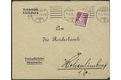 20 pfg. single på Portopligtig tjenestebrev fra Nürnberg d. 15.3.1920 til Hohenlimburg.