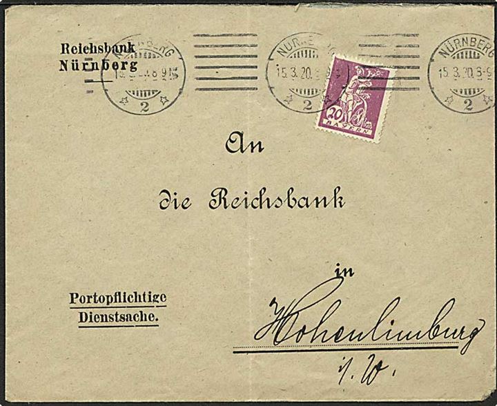 20 pfg. single på Portopligtig tjenestebrev fra Nürnberg d. 15.3.1920 til Hohenlimburg.