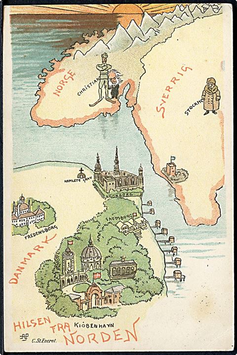 Købh., Øresund og de nordiske lande. Tegnet af Alfred Schmidt. Stenders u/no. Kvalitet 8