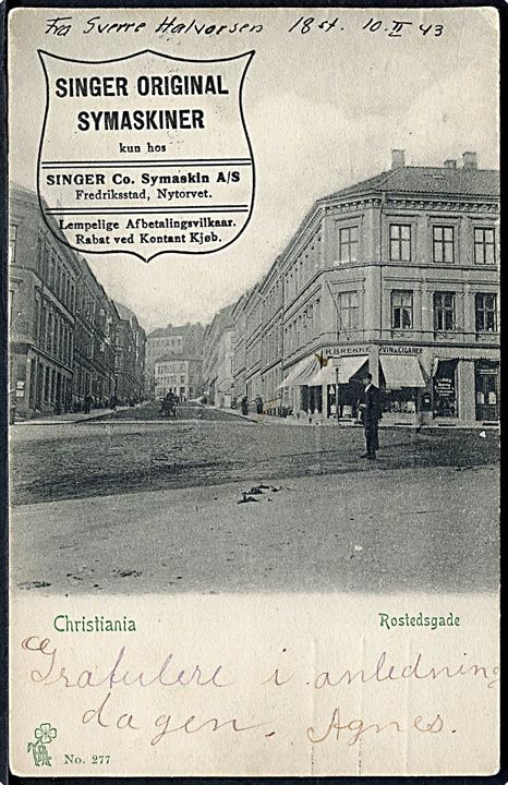 Christiania, Rostadsgade. P. Alstrup no. 277. Reklame tiltryk for Singer Original Symaskine.  Kvalitet 7