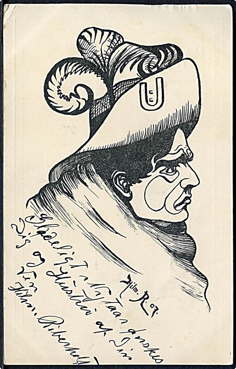 Riberholt, Hilmar: “Nytaarshilsen”. Original tegning på 3 øre helsagskort sendt lokalt i Aarhus 1907. Kvalitet 7