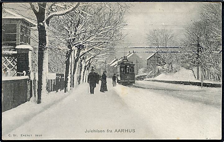 Aarhus, Skovvej, “Julehilsen” med sporvogn no. 19 i sne. Stenders no. 3839. Kvalitet 7