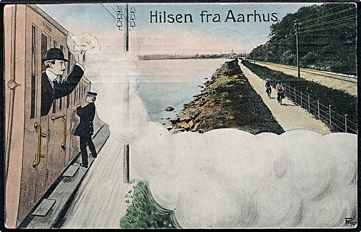Aarhus, “Jernbanehilsen” med banen ved Risskov. Tegnet af Carl Røgind. Stenders no. 2859. Kvalitet 7