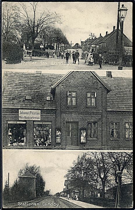 Lundby, jernbanestation og Johannes Petersen’s Manufakturhandel. H. Schmidt no. 25171. Kvalitet 7
