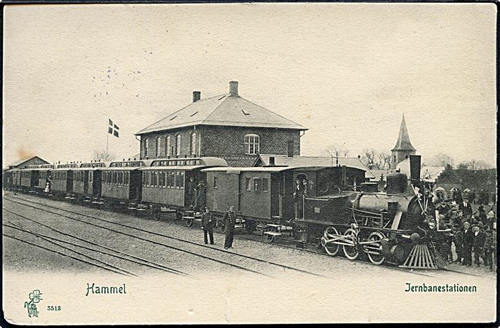 Hammel, åbning af Aarhus-Hammel banen 1902 med flagsmykket tog. P. Alstrup no. 3513. Rift. Kvalitet 6