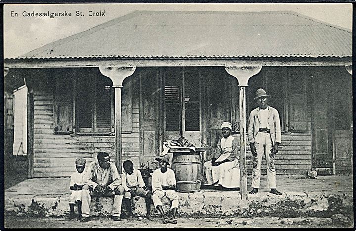 D.V.I., St. Croix, en gadesælgerske med familie. E. Langkjær no. 1869. Frankeret med 5 bit Chr. IX. Kvalitet 8