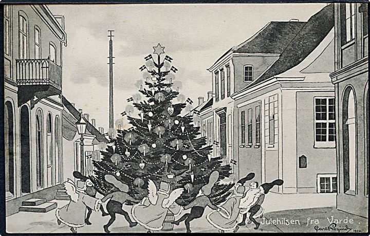 Varde, “Nisser i bybilledet” med juletræ. Tegnet af Carl Røgind. U/no. Kvalitet 8