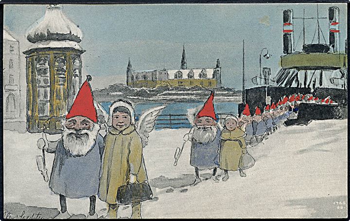 Helsingør, “Nisser i bybilledet” ank. med færge. Tegnet af Alexander Svedstrup. J. Møller u/no. Kvalitet 9