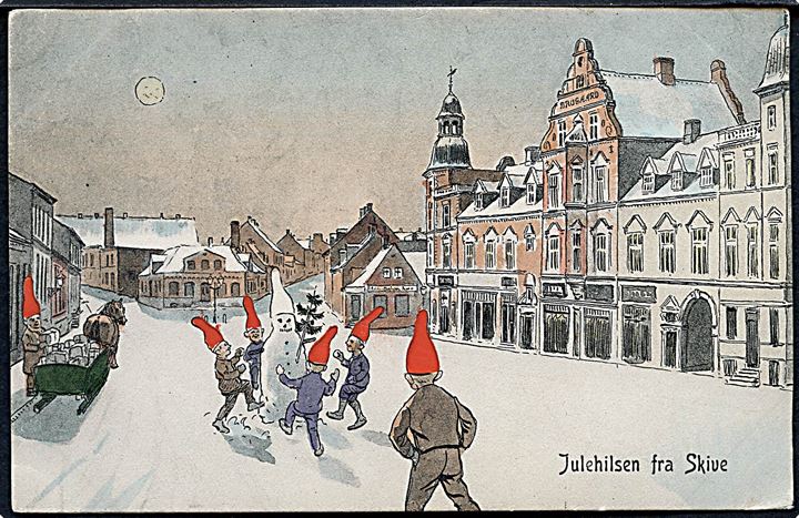 Skive, “Nisser i bybilledet” med snemand. Tegnet af Hans Viggo Westergaard. Warburg u/no. Kvalitet 8