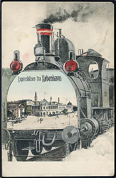 Købh., “Expreshilsen” med damplokomotiv. A. Vincent no. 4021. Kvalitet 8