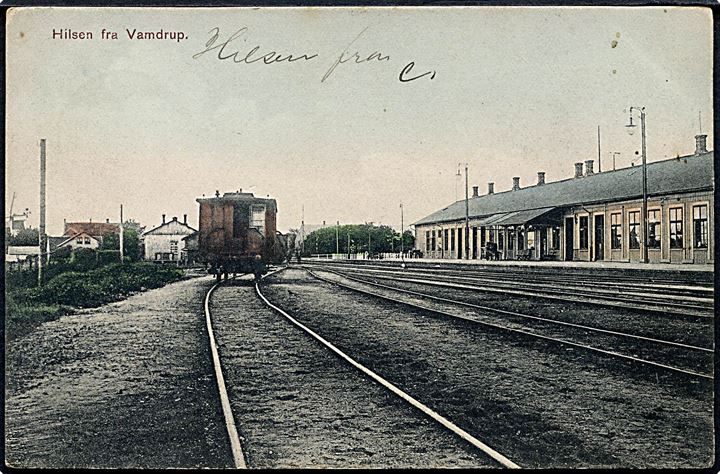 Vamdrup, jernbanestation med togvogn. W. Brüshaber no. 1272. Kvalitet 8