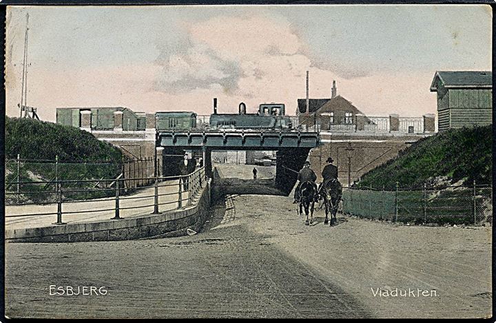 Esbjerg, viadukten med damptog. Stenders no. 1864. Kvalitet 8
